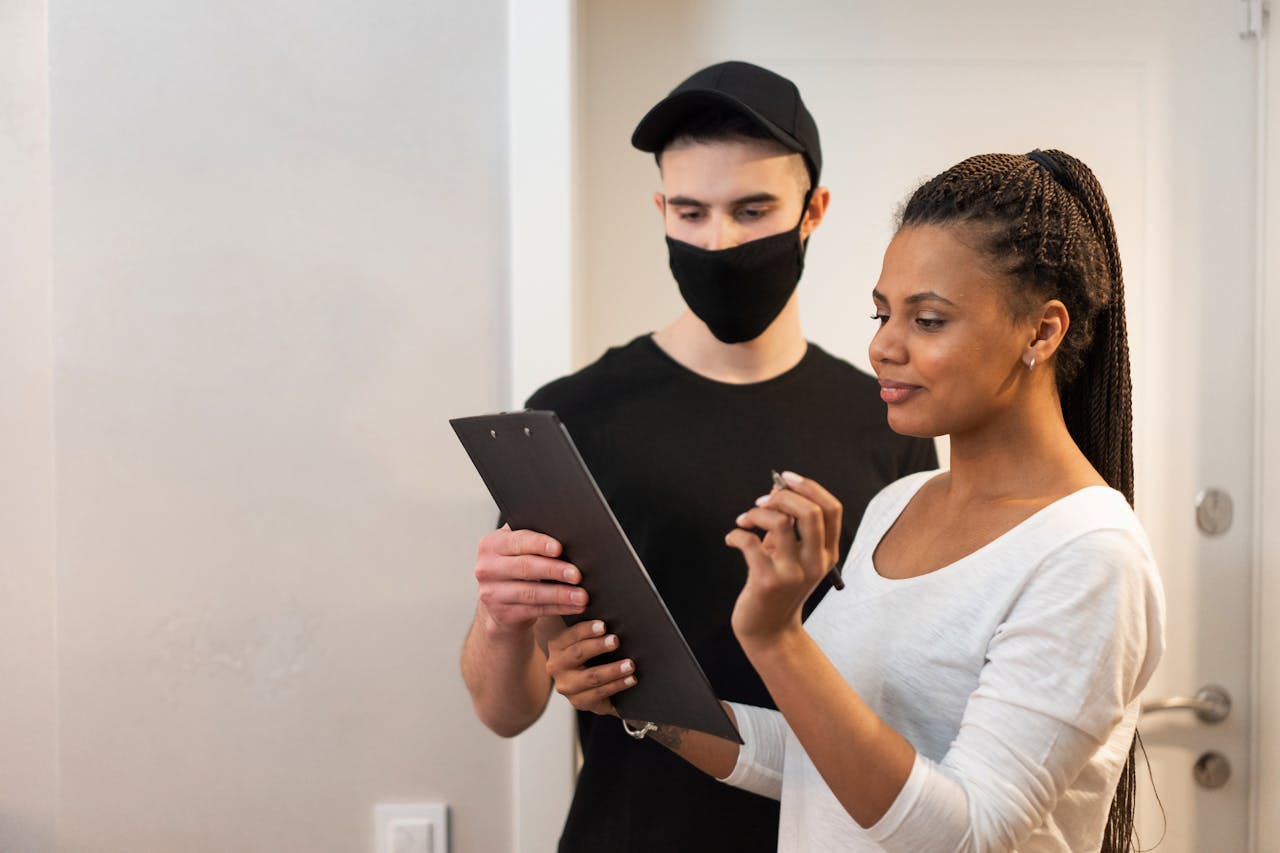 A man and woman engage in a delivery transaction indoors, with a clipboard and mask.